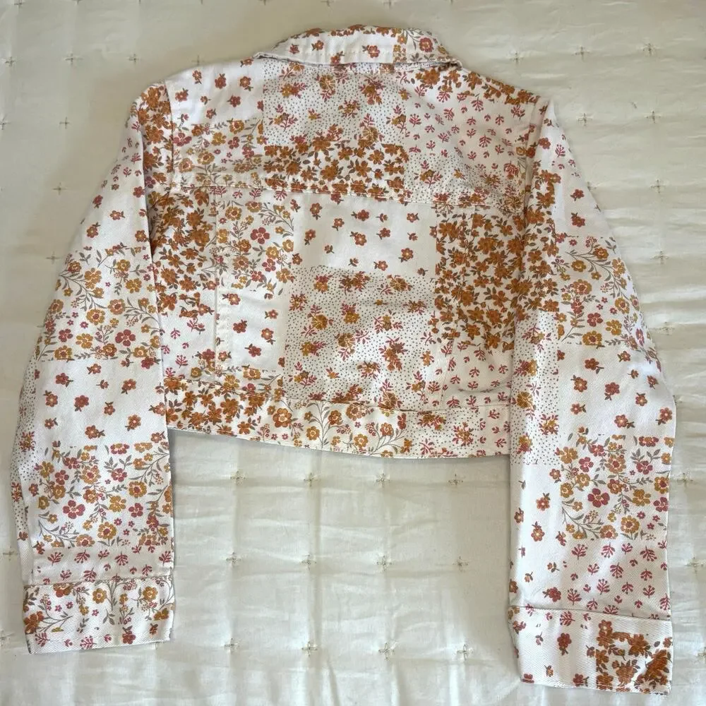 Little Lass Crop Floral Print Jean Jacket Girls 5 | White Pink Coral Denim Coat